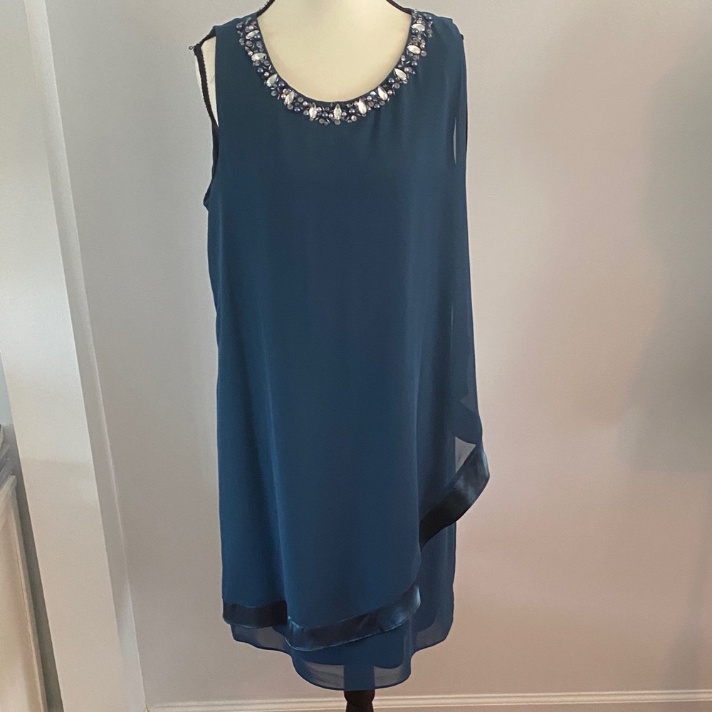 SLNY size 14 teal sleeveless dress with sheer overlay
